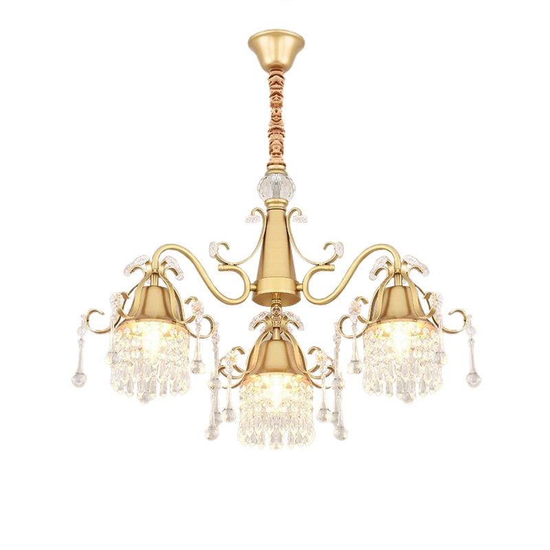 Gold 3 Heads Pendulum Lighting Post Modern Crystal Drip Cylinder Hanging Chandelier for Bedroom Clearhalo 'Ceiling Lights' 'Chandeliers' 'Modern Chandeliers' 'Modern' Lighting' 1136380