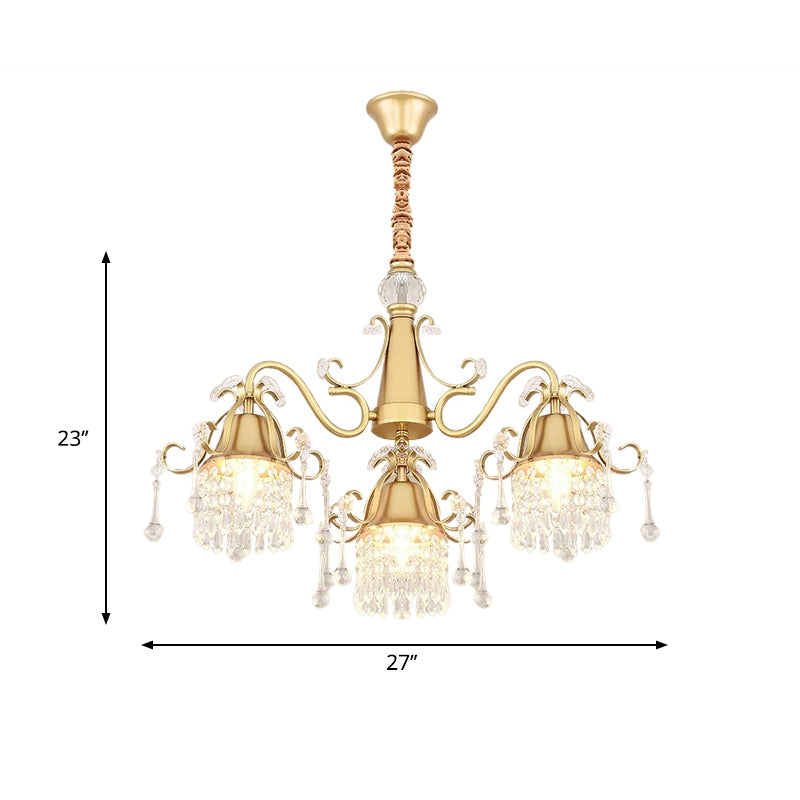 Gold 3 Heads Pendulum Lighting Post Modern Crystal Drip Cylinder Hanging Chandelier for Bedroom Clearhalo 'Ceiling Lights' 'Chandeliers' 'Modern Chandeliers' 'Modern' Lighting' 1136381