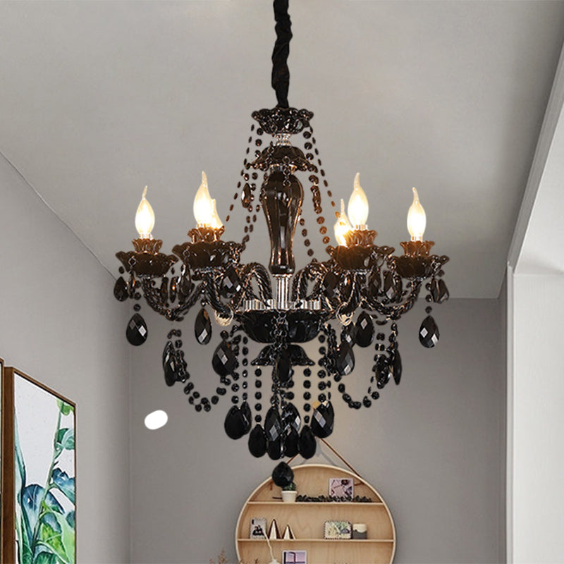 Modernism Candelabra Chandelier Light Fixture 6 Bulbs Crystal Swag Ceiling Suspension Lamp in Black Black Clearhalo 'Ceiling Lights' 'Chandeliers' 'Modern Chandeliers' 'Modern' Lighting' 1136382