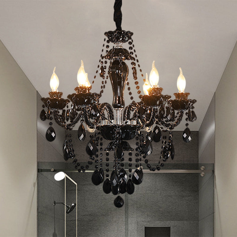 Modernism Candelabra Chandelier Light Fixture 6 Bulbs Crystal Swag Ceiling Suspension Lamp in Black Clearhalo 'Ceiling Lights' 'Chandeliers' 'Modern Chandeliers' 'Modern' Lighting' 1136383