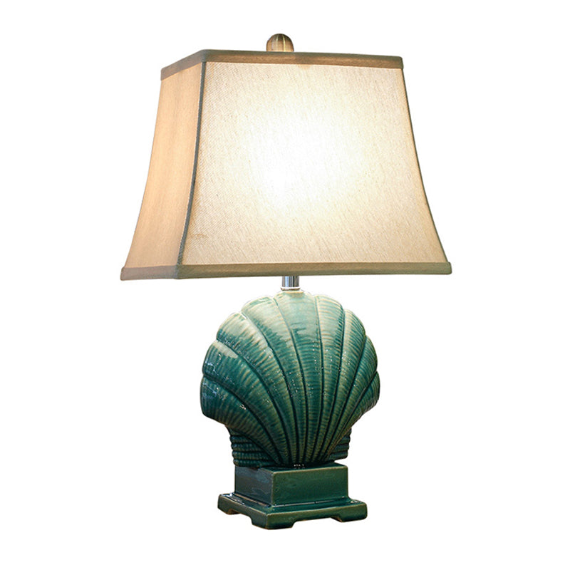 Handmade Ceramic Shell Night Light Country Style 1 Bulb Bedroom Table Lamp in Green/White with Pagoda Fabric Shade Clearhalo 'Lamps' 'Table Lamps' Lighting' 1136392