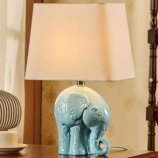 Ceramic Elephant Table Stand Lamp Farmhouse 1 Bulb Living Room Night Light in Blue with Trapezoid Fabric Shade Blue Clearhalo 'Lamps' 'Table Lamps' Lighting' 1136442