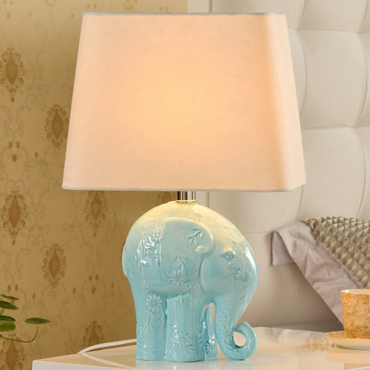 Ceramic Elephant Table Stand Lamp Farmhouse 1 Bulb Living Room Night Light in Blue with Trapezoid Fabric Shade Clearhalo 'Lamps' 'Table Lamps' Lighting' 1136443