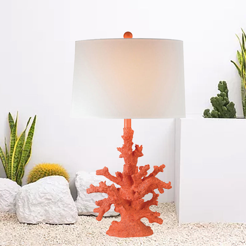 Resin Green/Red Table Lighting Coral 1 Bulb Countryside Night Stand Lamp with Drum Fabric Shade Red Clearhalo 'Lamps' 'Table Lamps' Lighting' 1136472