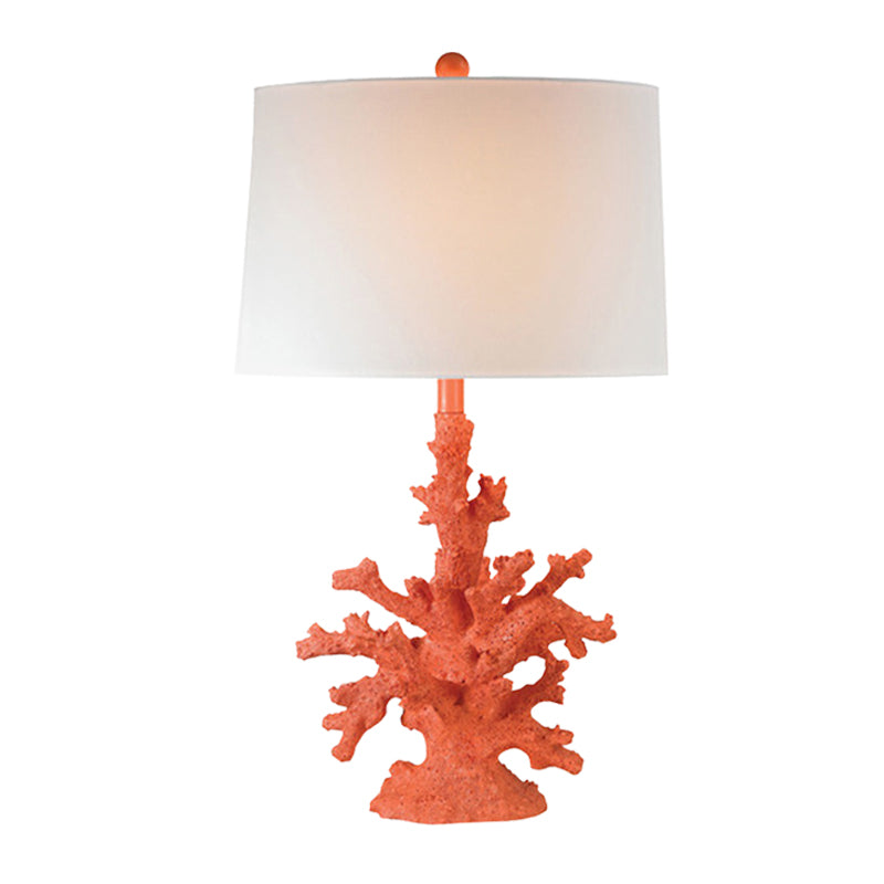 Resin Green/Red Table Lighting Coral 1 Bulb Countryside Night Stand Lamp with Drum Fabric Shade Clearhalo 'Lamps' 'Table Lamps' Lighting' 1136474