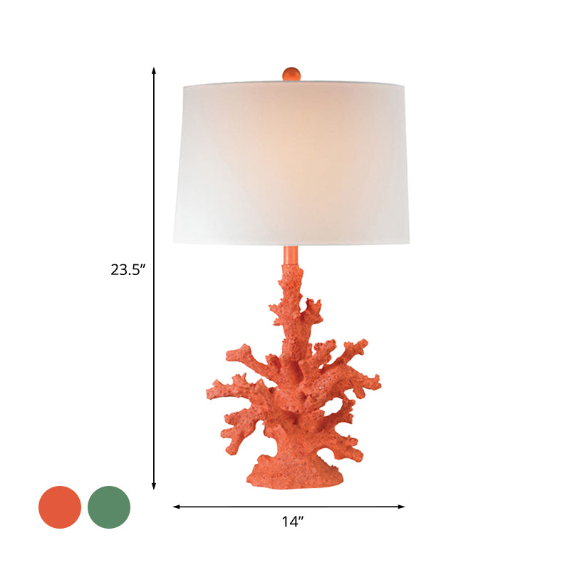 Resin Green/Red Table Lighting Coral 1 Bulb Countryside Night Stand Lamp with Drum Fabric Shade Clearhalo 'Lamps' 'Table Lamps' Lighting' 1136475