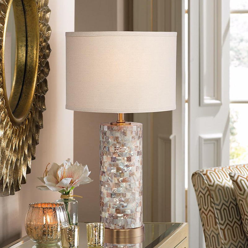 Shell Patchwork Column Nightstand Light Minimalist 1 Head Parlor Table Lamp with Cylinder Fabric Shade in Flaxen/White Flaxen Clearhalo 'Lamps' 'Table Lamps' Lighting' 1136494