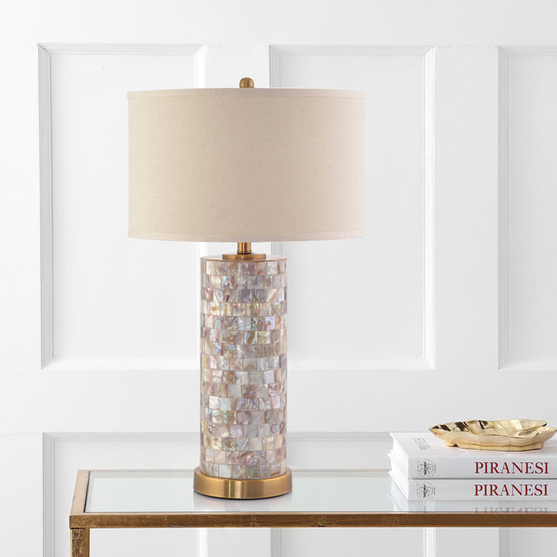 Shell Patchwork Column Nightstand Light Minimalist 1 Head Parlor Table Lamp with Cylinder Fabric Shade in Flaxen/White Clearhalo 'Lamps' 'Table Lamps' Lighting' 1136495