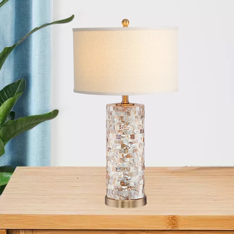 Shell Patchwork Column Nightstand Light Minimalist 1 Head Parlor Table Lamp with Cylinder Fabric Shade in Flaxen/White Clearhalo 'Lamps' 'Table Lamps' Lighting' 1136500