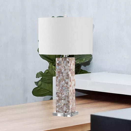 Checkered Rectangle Shell Night Lamp Country Style 1 Head Bedroom Table Light with Shade in White Clearhalo 'Lamps' 'Table Lamps' Lighting' 1136518