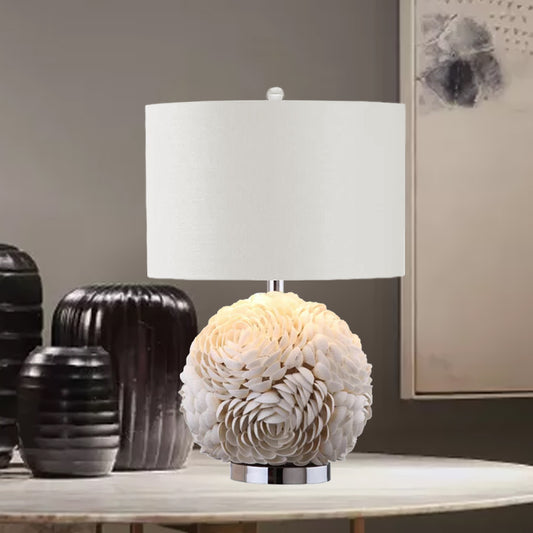 Rose Globe Kitchen Table Lighting Rural Shell 1-Light White Nightstand Lamp with Drum Shade White Clearhalo 'Lamps' 'Table Lamps' Lighting' 1136525