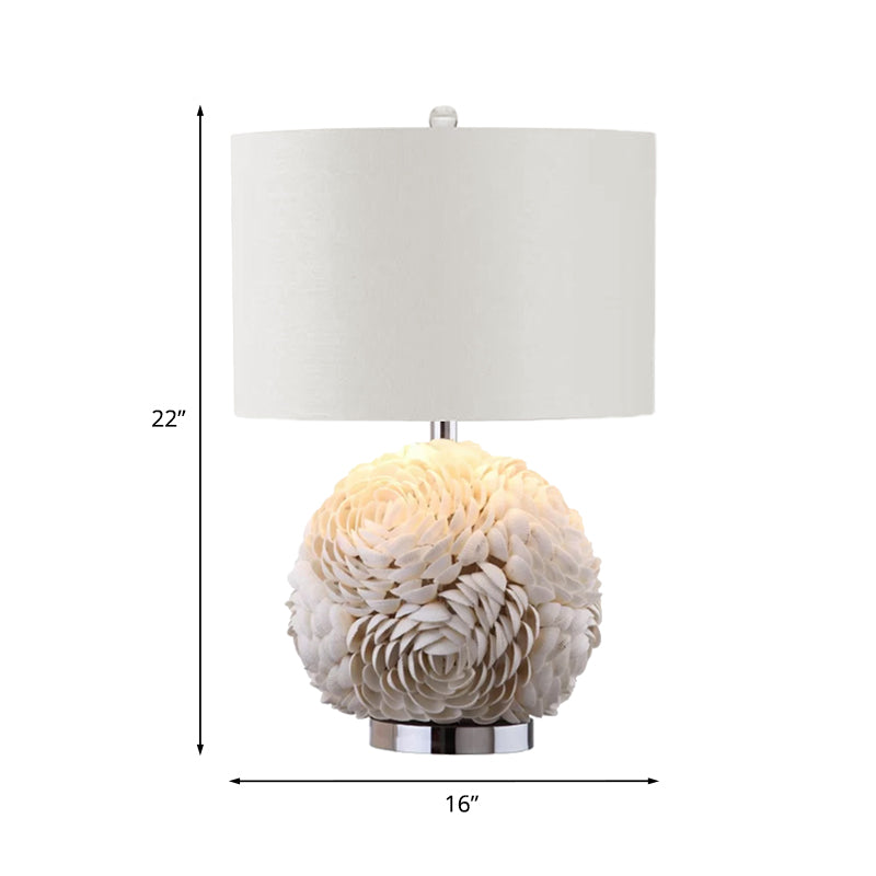 Rose Globe Kitchen Table Lighting Rural Shell 1-Light White Nightstand Lamp with Drum Shade Clearhalo 'Lamps' 'Table Lamps' Lighting' 1136528