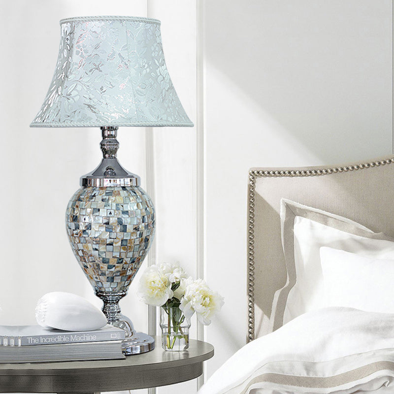 1-Light Print Fabric Table Lamp Traditional Light-Blue Flared Living Room Night Stand Light with Oval Shell Base Light Blue Clearhalo 'Lamps' 'Table Lamps' Lighting' 1136537