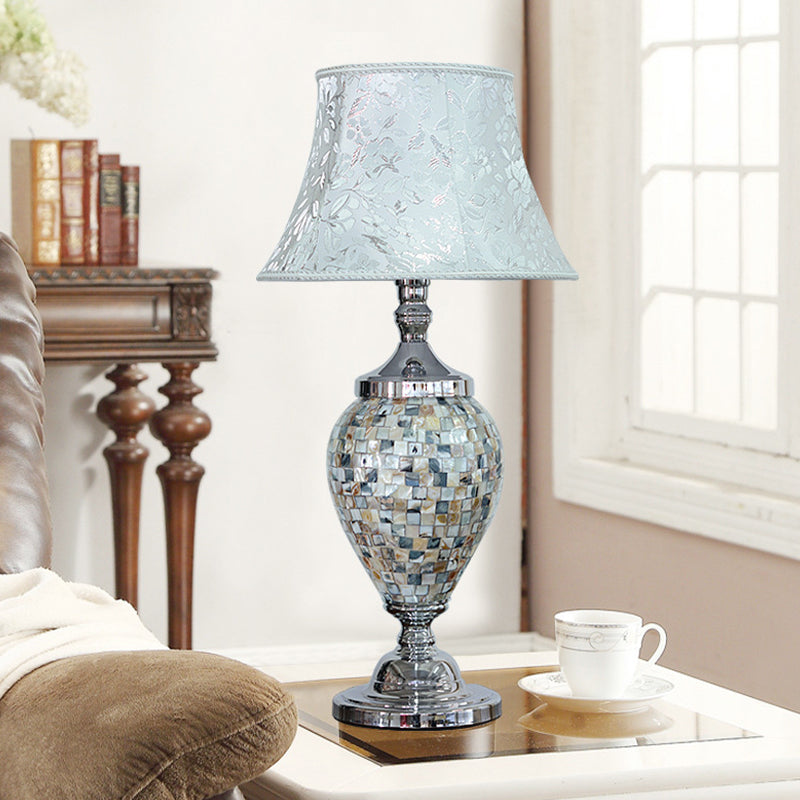 1-Light Print Fabric Table Lamp Traditional Light-Blue Flared Living Room Night Stand Light with Oval Shell Base Clearhalo 'Lamps' 'Table Lamps' Lighting' 1136538