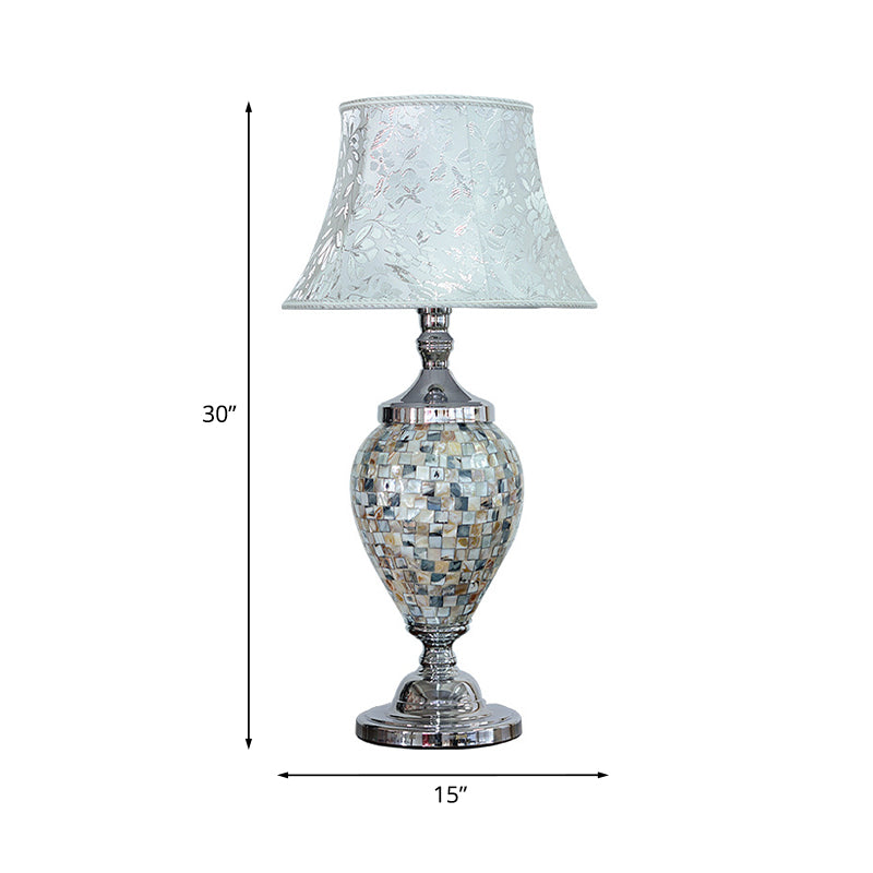 1-Light Print Fabric Table Lamp Traditional Light-Blue Flared Living Room Night Stand Light with Oval Shell Base Clearhalo 'Lamps' 'Table Lamps' Lighting' 1136540