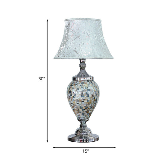 1-Light Print Fabric Table Lamp Traditional Light-Blue Flared Living Room Night Stand Light with Oval Shell Base Clearhalo 'Lamps' 'Table Lamps' Lighting' 1136540