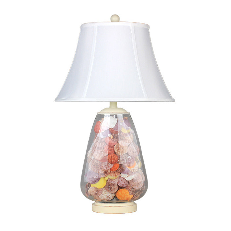 White Flared Shade Night Light Countryside Fabric 1 Bulb 12"/16" Wide Bedside Table Lamp with Decorative Shell Clearhalo 'Lamps' 'Table Lamps' Lighting' 1136565