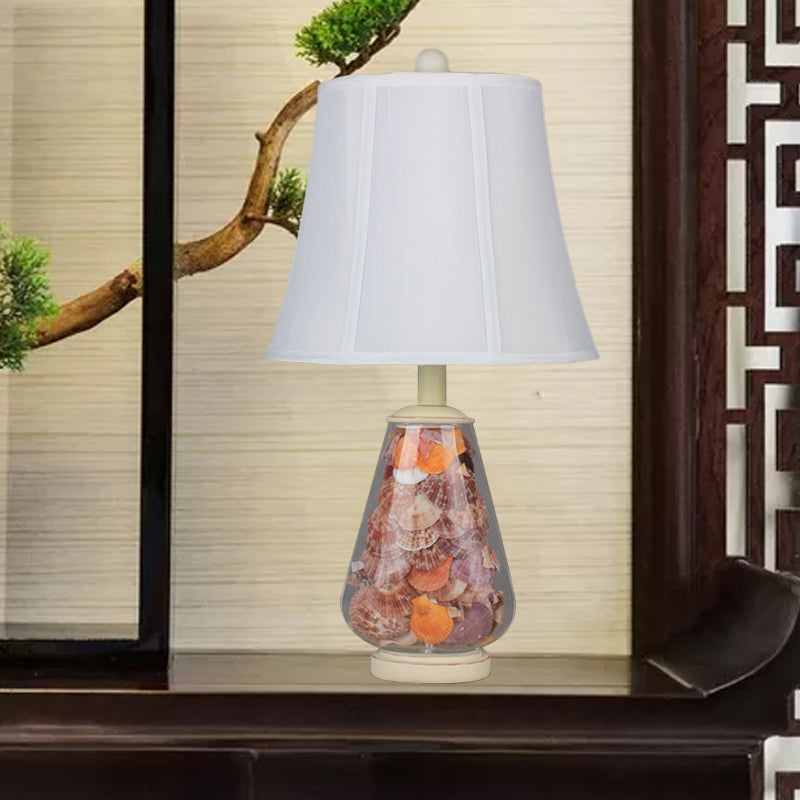 White Flared Shade Night Light Countryside Fabric 1 Bulb 12"/16" Wide Bedside Table Lamp with Decorative Shell Clearhalo 'Lamps' 'Table Lamps' Lighting' 1136568