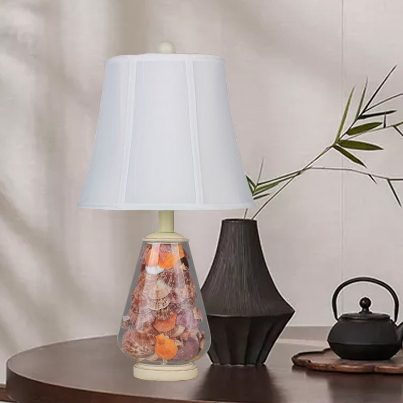 White Flared Shade Night Light Countryside Fabric 1 Bulb 12"/16" Wide Bedside Table Lamp with Decorative Shell Clearhalo 'Lamps' 'Table Lamps' Lighting' 1136569