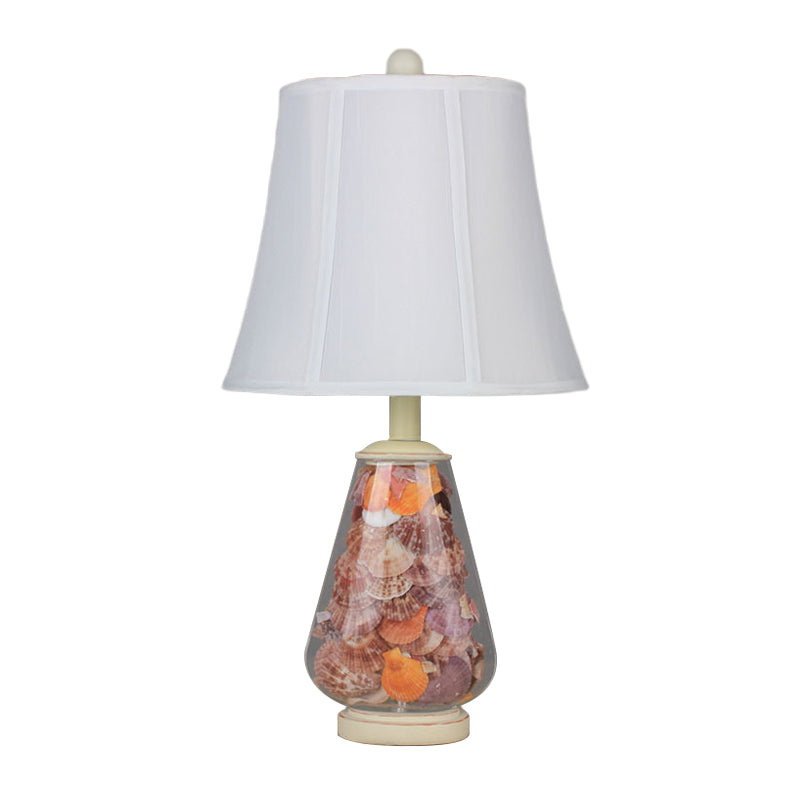 White Flared Shade Night Light Countryside Fabric 1 Bulb 12"/16" Wide Bedside Table Lamp with Decorative Shell Clearhalo 'Lamps' 'Table Lamps' Lighting' 1136570