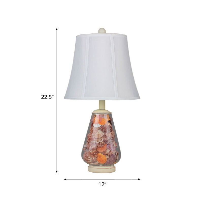 White Flared Shade Night Light Countryside Fabric 1 Bulb 12"/16" Wide Bedside Table Lamp with Decorative Shell Clearhalo 'Lamps' 'Table Lamps' Lighting' 1136571