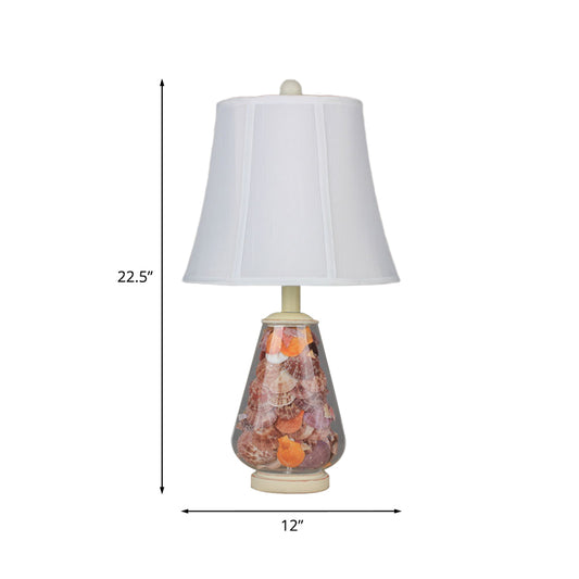 White Flared Shade Night Light Countryside Fabric 1 Bulb 12"/16" Wide Bedside Table Lamp with Decorative Shell Clearhalo 'Lamps' 'Table Lamps' Lighting' 1136571