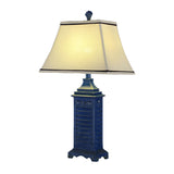 1-Light Pagoda Night Table Lamp Retro White Fabric Nightstand Light with Dark Blue Pedestal Clearhalo 'Lamps' 'Table Lamps' Lighting' 1136574
