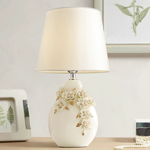 Ceramic White Table Lamp Magnolia-Embellished Vase Single