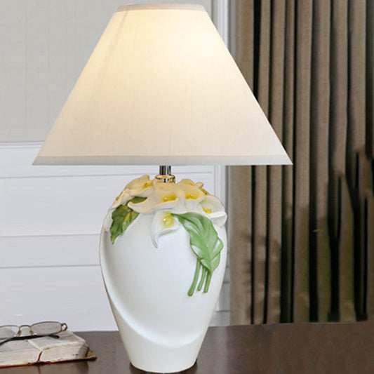 1-Bulb Embossed Lily Urn Night Lamp Rural White and Green Ceramic Table Light with Cone Shade White-Green Clearhalo 'Lamps' 'Table Lamps' Lighting' 1136592
