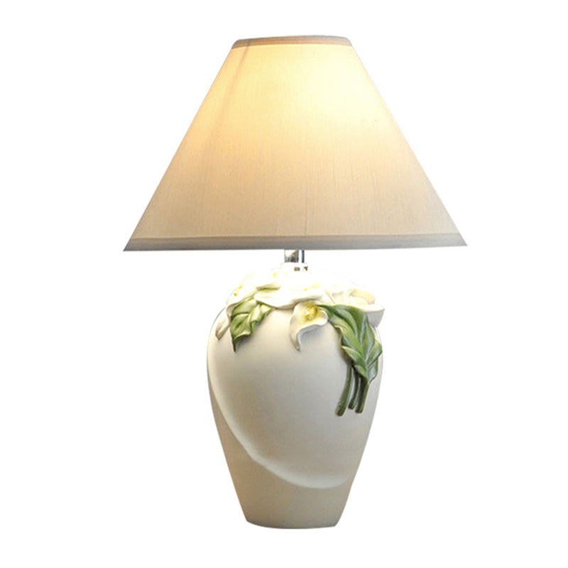 1-Bulb Embossed Lily Urn Night Lamp Rural White and Green Ceramic Table  Light with Cone Shade