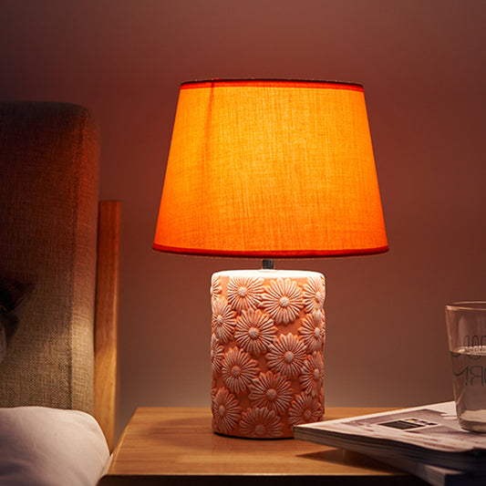 Orange Tapered Drum Table Light Rustic Fabric 1 Head Bedside Night Lamp with Carved Sunflower Base Orange Clearhalo 'Lamps' 'Table Lamps' Lighting' 1136649