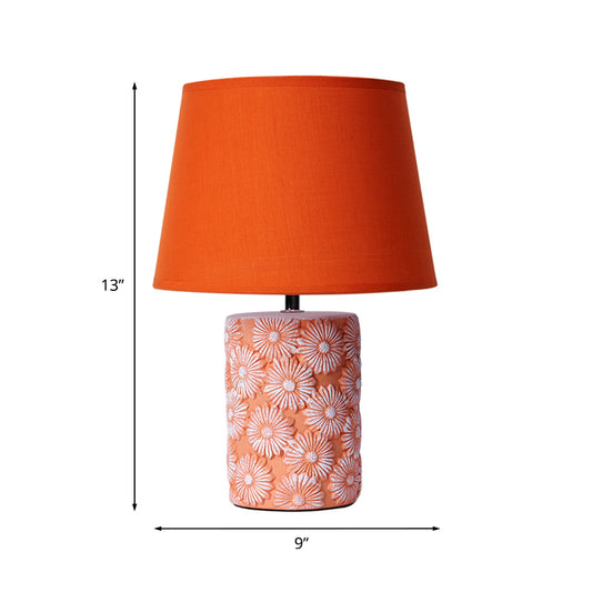 Orange Tapered Drum Table Light Rustic Fabric 1 Head Bedside Night Lamp with Carved Sunflower Base Clearhalo 'Lamps' 'Table Lamps' Lighting' 1136652
