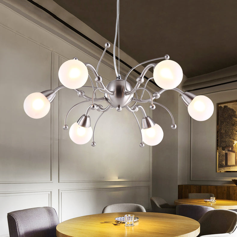 6/8 Lights Dining Room Chandelier Light with Globe White Glass Shade Modern Nickle Led Hanging Ceiling Lamp 6 Nickel Clearhalo 'Ceiling Lights' 'Chandeliers' 'Glass shade' 'Glass' 'Modern Chandeliers' 'Modern' Lighting' 113747