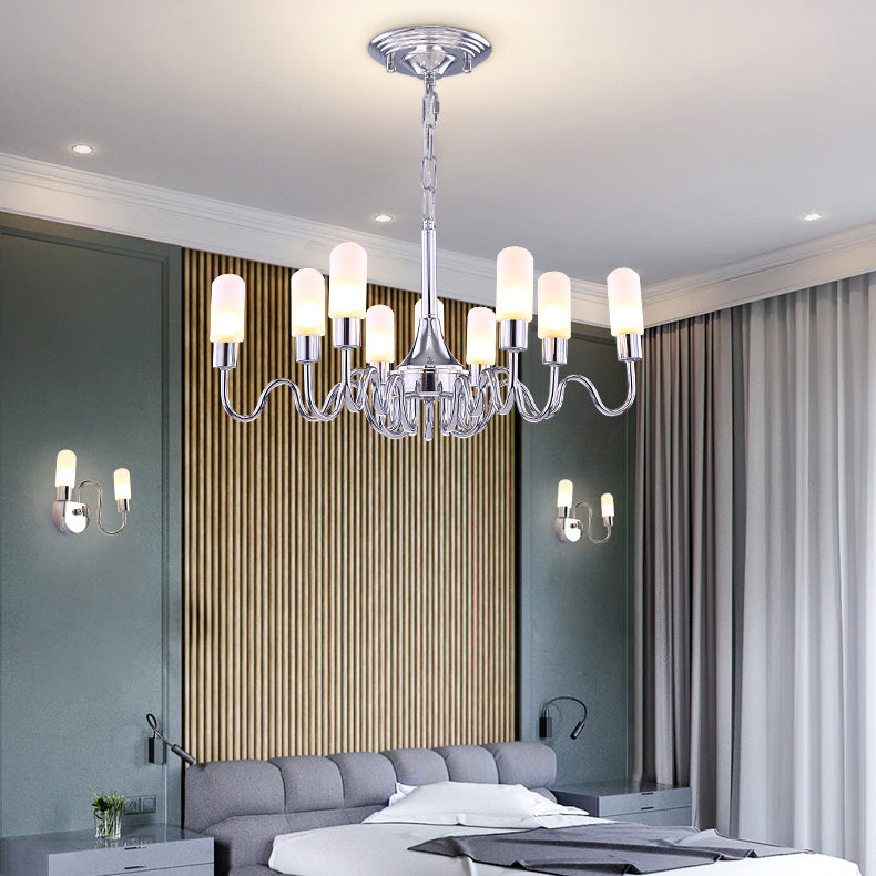 Silver Cylinder Chandelier Lighting Modern Multi Lights Milk Glass Led Hanging Ceiling Lamp with Curved Arm and Chain Silver Clearhalo 'Ceiling Lights' 'Chandeliers' 'Modern Chandeliers' 'Modern' Lighting' 113769