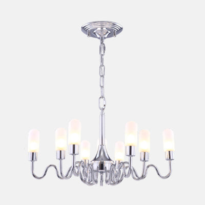 Silver Cylinder Chandelier Lighting Modern Multi Lights Milk Glass Led Hanging Ceiling Lamp with Curved Arm and Chain Clearhalo 'Ceiling Lights' 'Chandeliers' 'Modern Chandeliers' 'Modern' Lighting' 113770