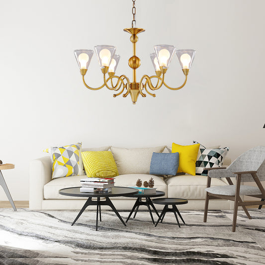 Cone Chandelier Lighting Post-Modernist Clear Glass Multi Lights Led Brass Ceiling Pendant Lamp with Curved Arm Brass Clearhalo 'Ceiling Lights' 'Chandeliers' 'Modern Chandeliers' 'Modern' Lighting' 113786