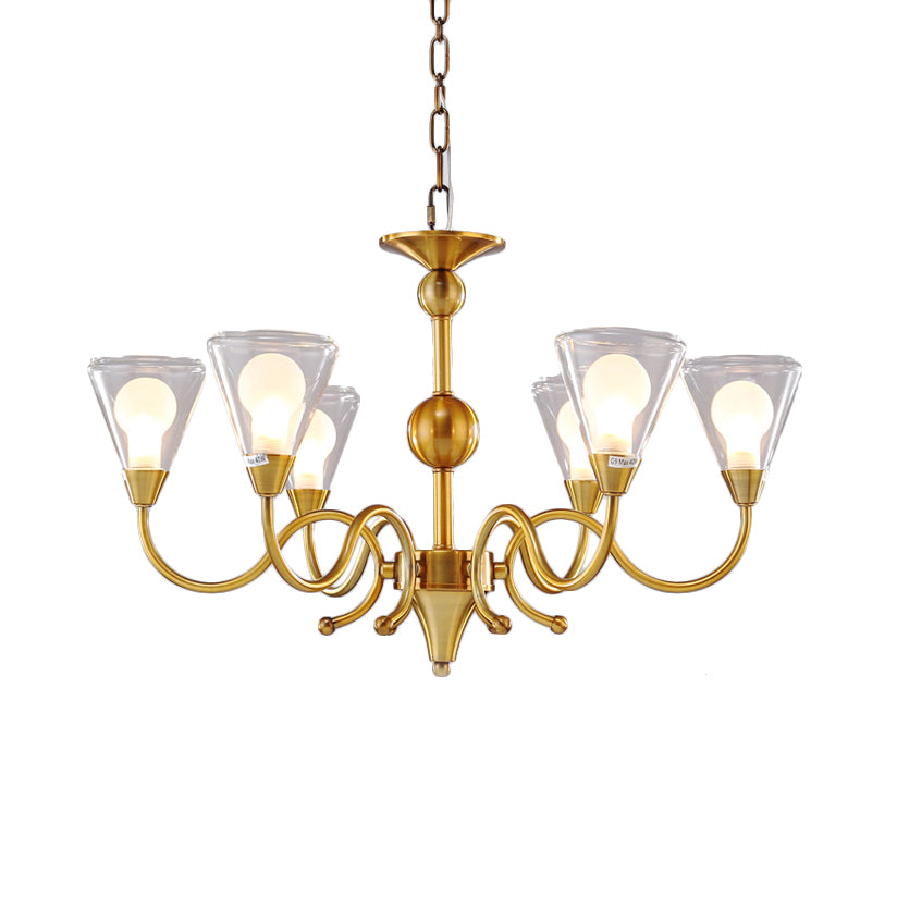 Cone Chandelier Lighting Post-Modernist Clear Glass Multi Lights Led Brass Ceiling Pendant Lamp with Curved Arm Clearhalo 'Ceiling Lights' 'Chandeliers' 'Modern Chandeliers' 'Modern' Lighting' 113788