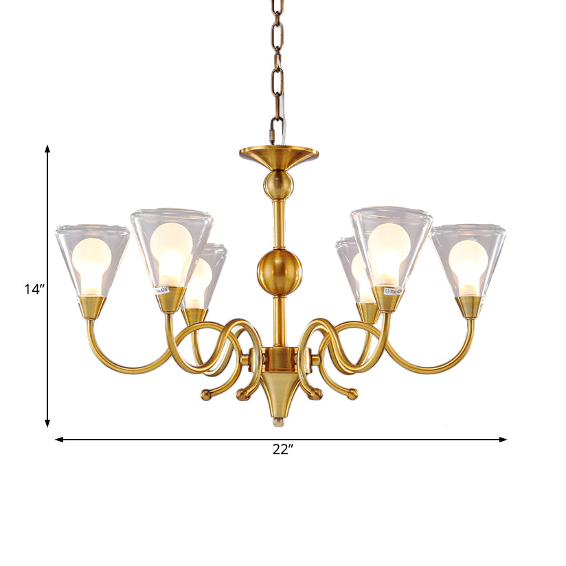 Cone Chandelier Lighting Post-Modernist Clear Glass Multi Lights Led Brass Ceiling Pendant Lamp with Curved Arm Clearhalo 'Ceiling Lights' 'Chandeliers' 'Modern Chandeliers' 'Modern' Lighting' 113789