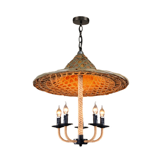 Candle Chandelier Lighting with Hat Design Lodge Style Rattan 5 Lights Beige Hanging Lamp for Dining Room Clearhalo 'Ceiling Lights' 'Chandeliers' Lighting' options 114049