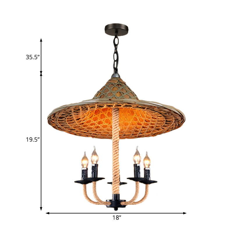 Candle Chandelier Lighting with Hat Design Lodge Style Rattan 5 Lights Beige Hanging Lamp for Dining Room Clearhalo 'Ceiling Lights' 'Chandeliers' Lighting' options 114050