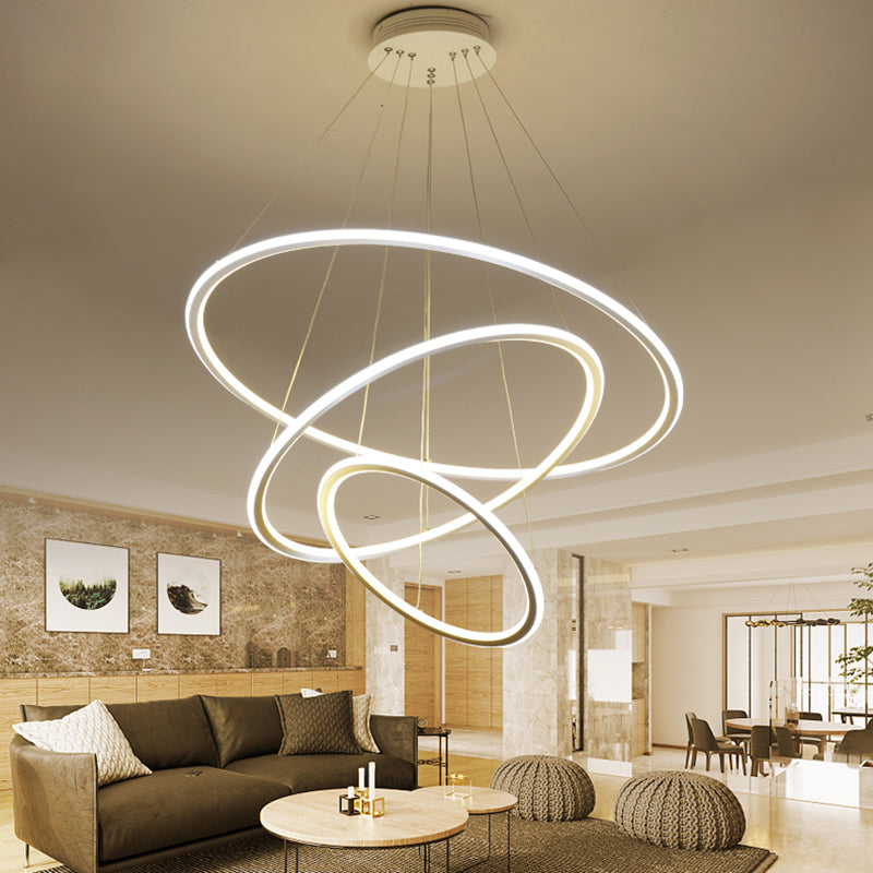 1/2/3 Lights Living Room Ceiling Pendant with Circle Acrylic Shade White Chandelier in Warm/White/Natural Light with Adjustable Cord Clearhalo 'Ceiling Lights' 'Chandeliers' 'Modern Chandeliers' 'Modern' Lighting' 114099