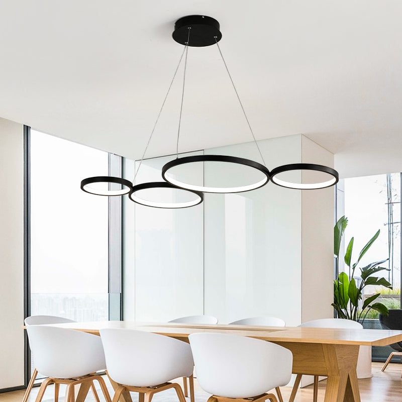 4 Rings Acrylic Ceiling Chandelier Simple LED Black/White Drop Pendant over Table in Warm/White/Natural Light Clearhalo 'Ceiling Lights' 'Chandeliers' 'Modern Chandeliers' 'Modern' Lighting' 114256