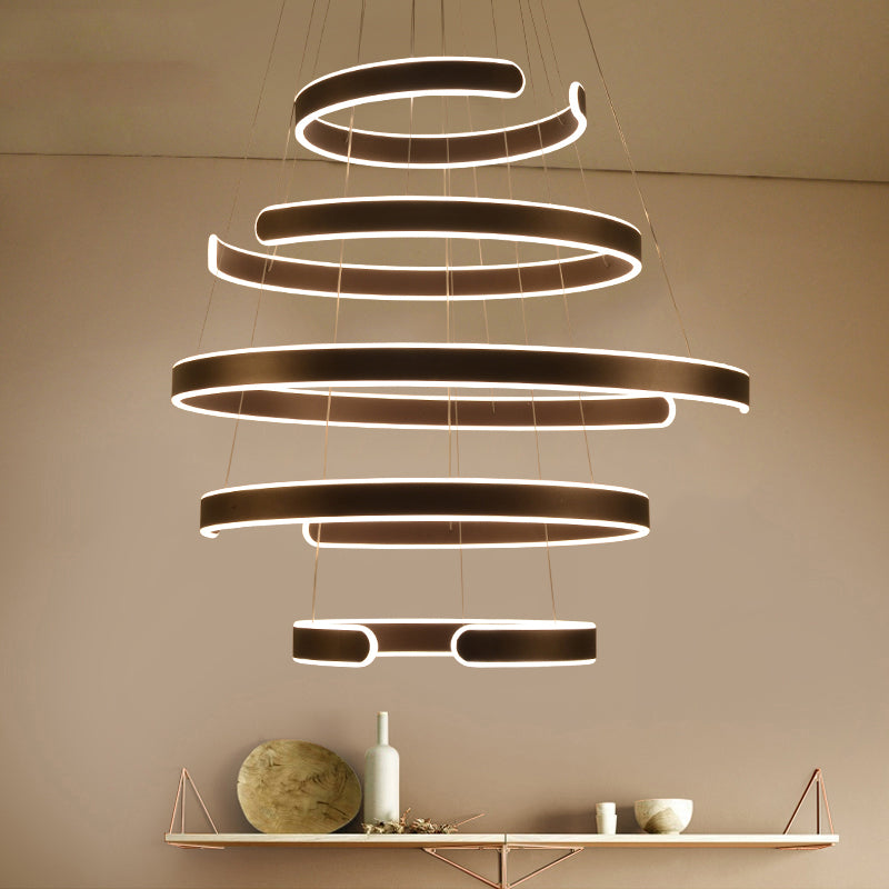 Postmodern 1/2/3-Light LED Suspension Light with Acrylic Shade Brown/White Ring Chandelier Pendant in Warm/White/Natural Light 5 Brown Warm Clearhalo 'Ceiling Lights' 'Chandeliers' 'Modern Chandeliers' 'Modern' Lighting' 114336