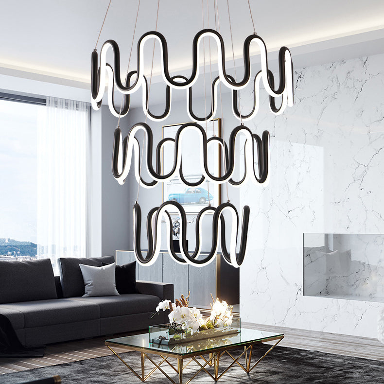 Black Curved Chandelier Simple LED 1/2/3-Head Acrylic Suspension Pendant in Warm/White Light Clearhalo 'Ceiling Lights' 'Chandeliers' 'Modern Chandeliers' 'Modern' Lighting' 114431