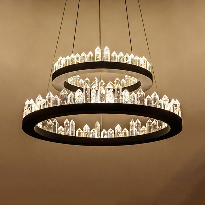 1/2-Light Circular Chandelier Lamp Contemporary Crystal LED Black Hanging Light Fixture in Warm/White Light for Living Room 2 Black Warm Clearhalo 'Ceiling Lights' 'Chandeliers' 'Modern Chandeliers' 'Modern' Lighting' 114508