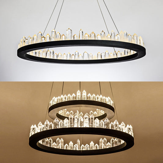 1/2-Light Circular Chandelier Lamp Contemporary Crystal LED Black Hanging Light Fixture in Warm/White Light for Living Room Clearhalo 'Ceiling Lights' 'Chandeliers' 'Modern Chandeliers' 'Modern' Lighting' 114510