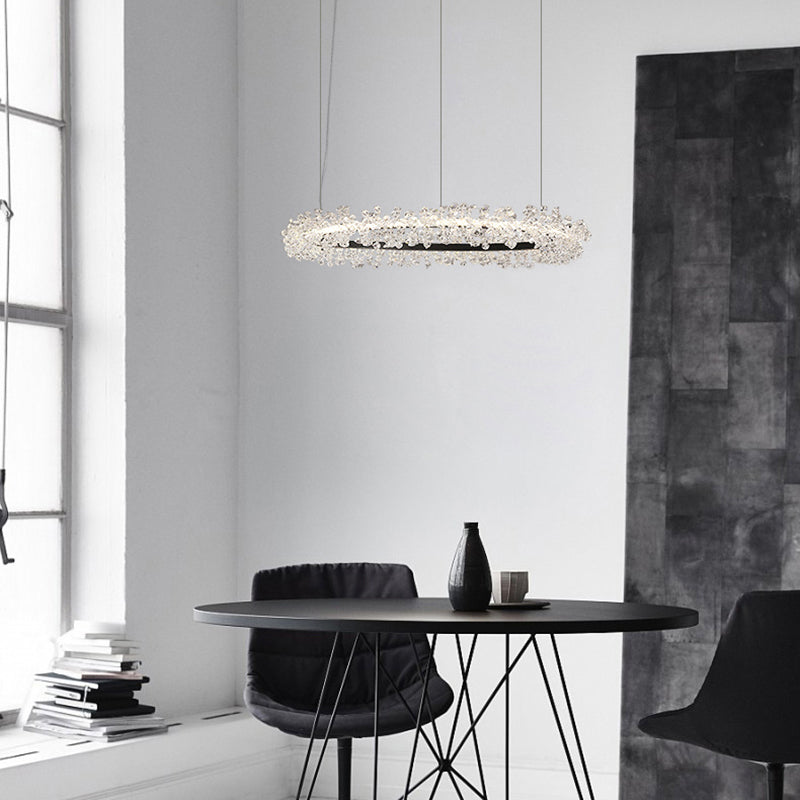 1/2/3-Light Black Ring Pendant Chandelier Modern Crystal Accent LED Pendant Light Fixture in White/Warm Light for Living Room 1 Black Clearhalo 'Ceiling Lights' 'Chandeliers' 'Modern Chandeliers' 'Modern' Lighting' 114544