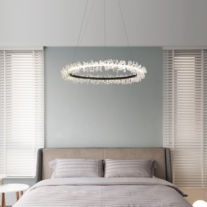 1/2/3-Light Black Ring Pendant Chandelier Modern Crystal Accent LED Pendant Light Fixture in White/Warm Light for Living Room Clearhalo 'Ceiling Lights' 'Chandeliers' 'Modern Chandeliers' 'Modern' Lighting' 114545