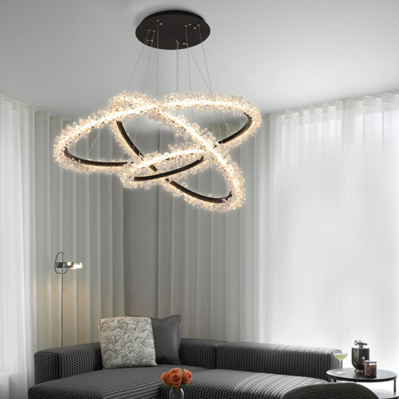 1/2/3-Light Black Ring Pendant Chandelier Modern Crystal Accent LED Pendant Light Fixture in White/Warm Light for Living Room 3 Black Clearhalo 'Ceiling Lights' 'Chandeliers' 'Modern Chandeliers' 'Modern' Lighting' 114550