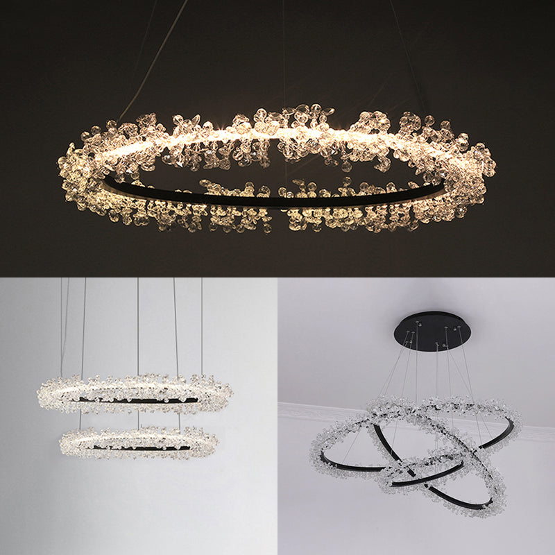 1/2/3-Light Black Ring Pendant Chandelier Modern Crystal Accent LED Pendant Light Fixture in White/Warm Light for Living Room Clearhalo 'Ceiling Lights' 'Chandeliers' 'Modern Chandeliers' 'Modern' Lighting' 114552